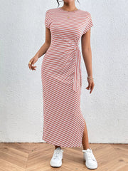 Elegant Striped Midi Dress With Tie Detail