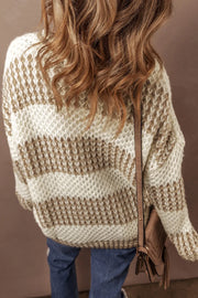 Textured knit sweater in taupe and cream stripes with a chunky weave.