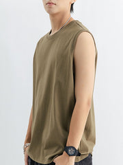 Men's plus size cotton tank top in Army Green with a crew neck and sleeveless cut.