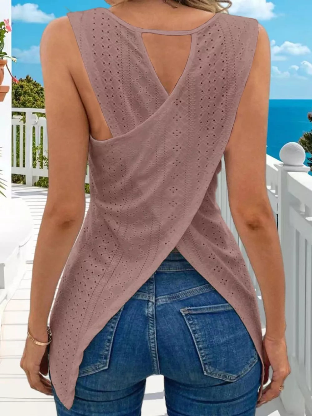Openwork knit tank top in bean paste powder with crisscross back detail.