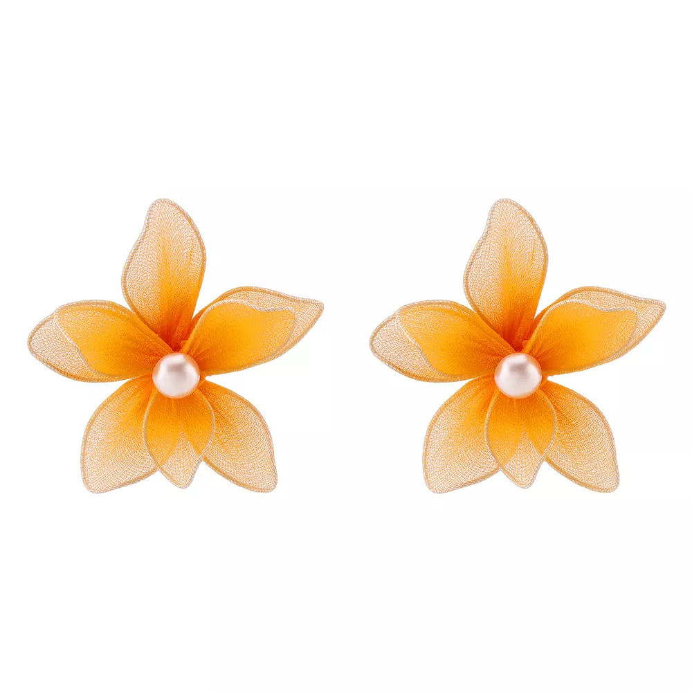 Orange floral pearl stud earrings with sheer petals and alloy backing.