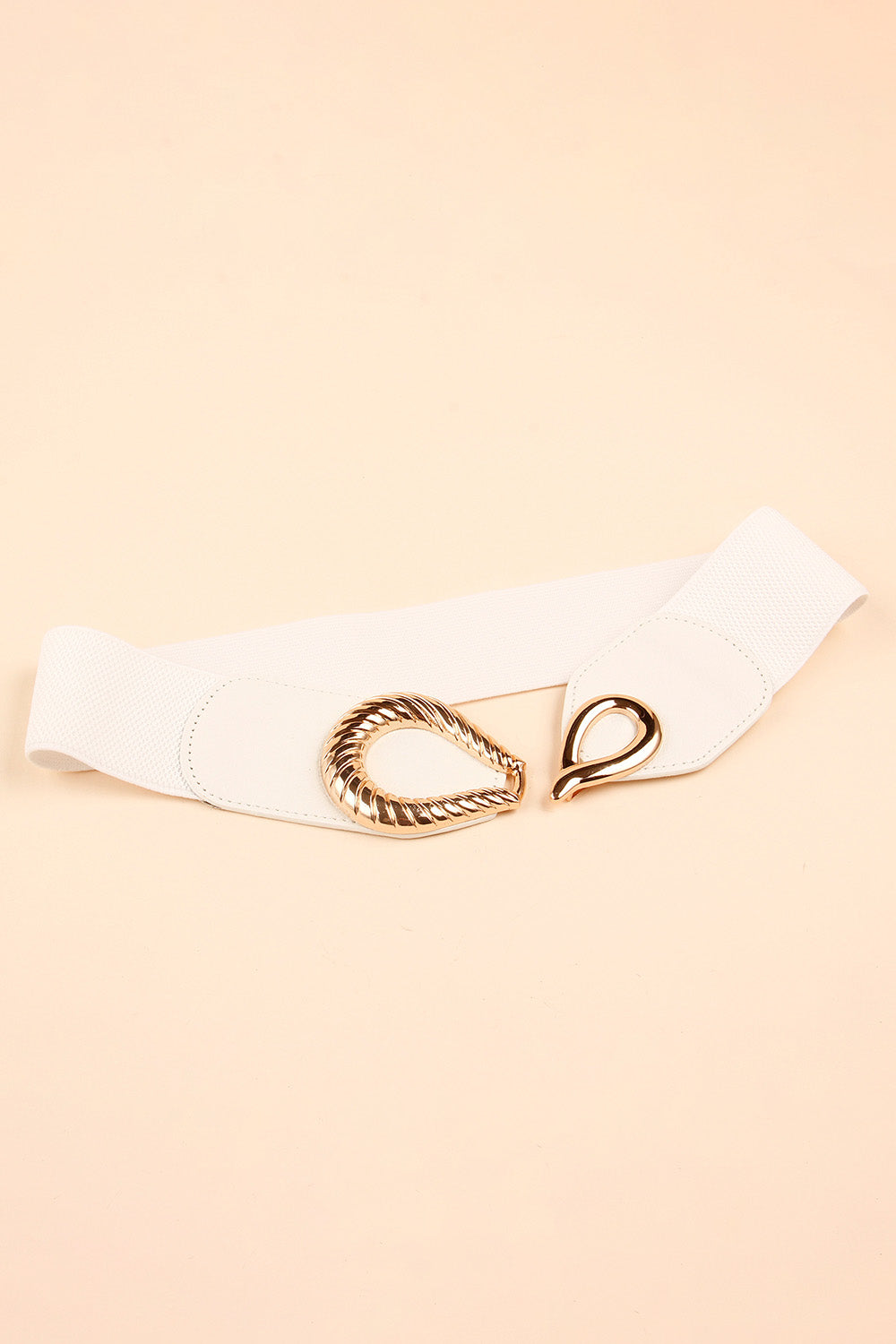 White elasticated belt with a sculpted gold alloy buckle detail.