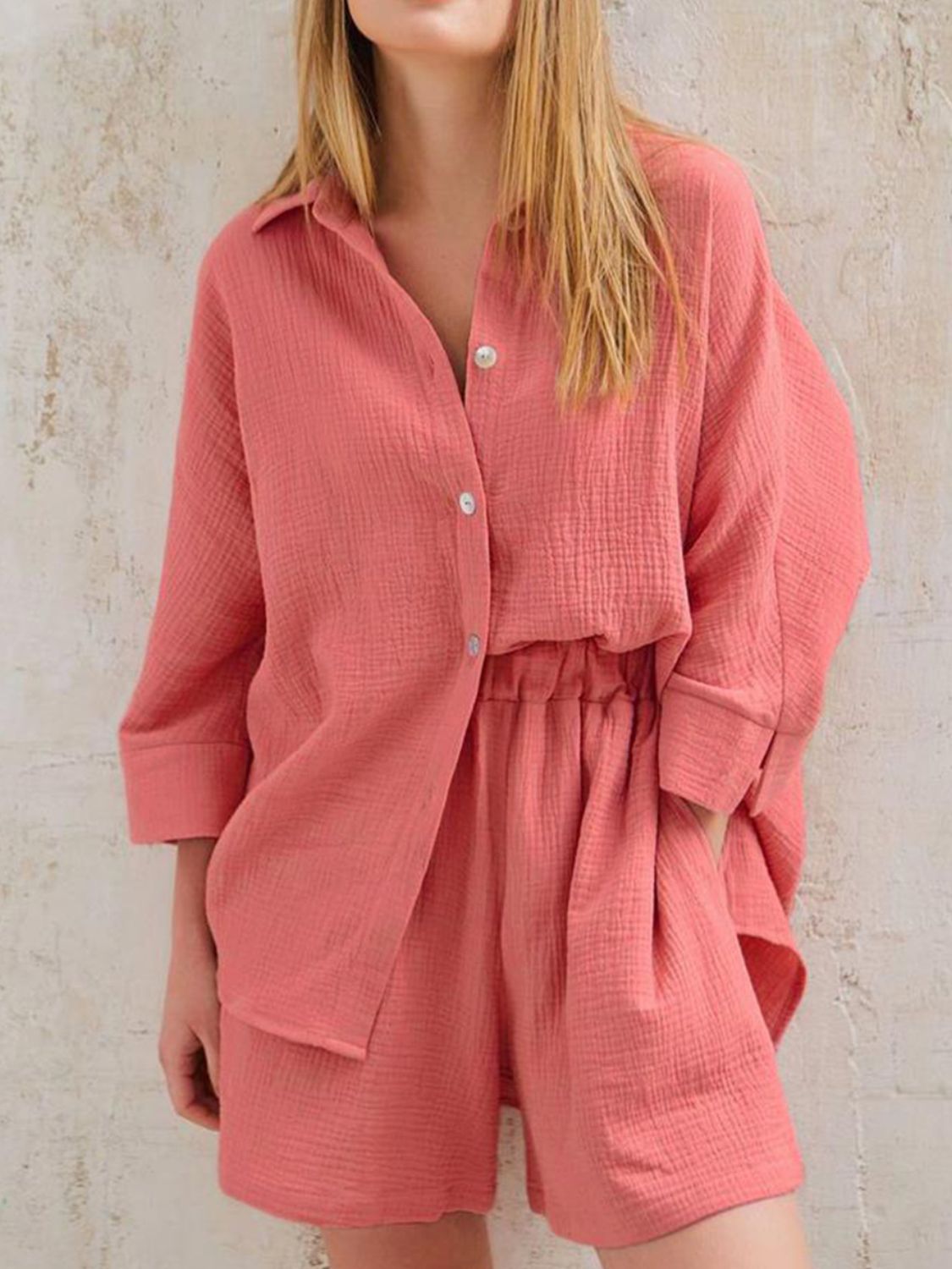 Coral gauze cotton resort shirt and shorts set with button front and elastic waist shorts.