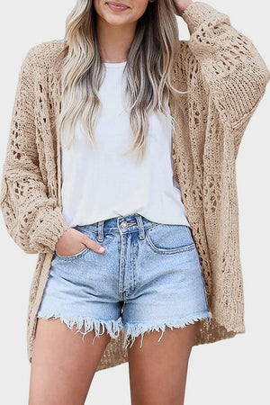 Sand open-knit slouchy cardigan with wide sleeves and a relaxed fit.
