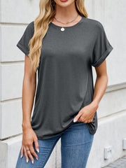 Gray crew neck t-shirt with cuffed sleeves and a relaxed fit.