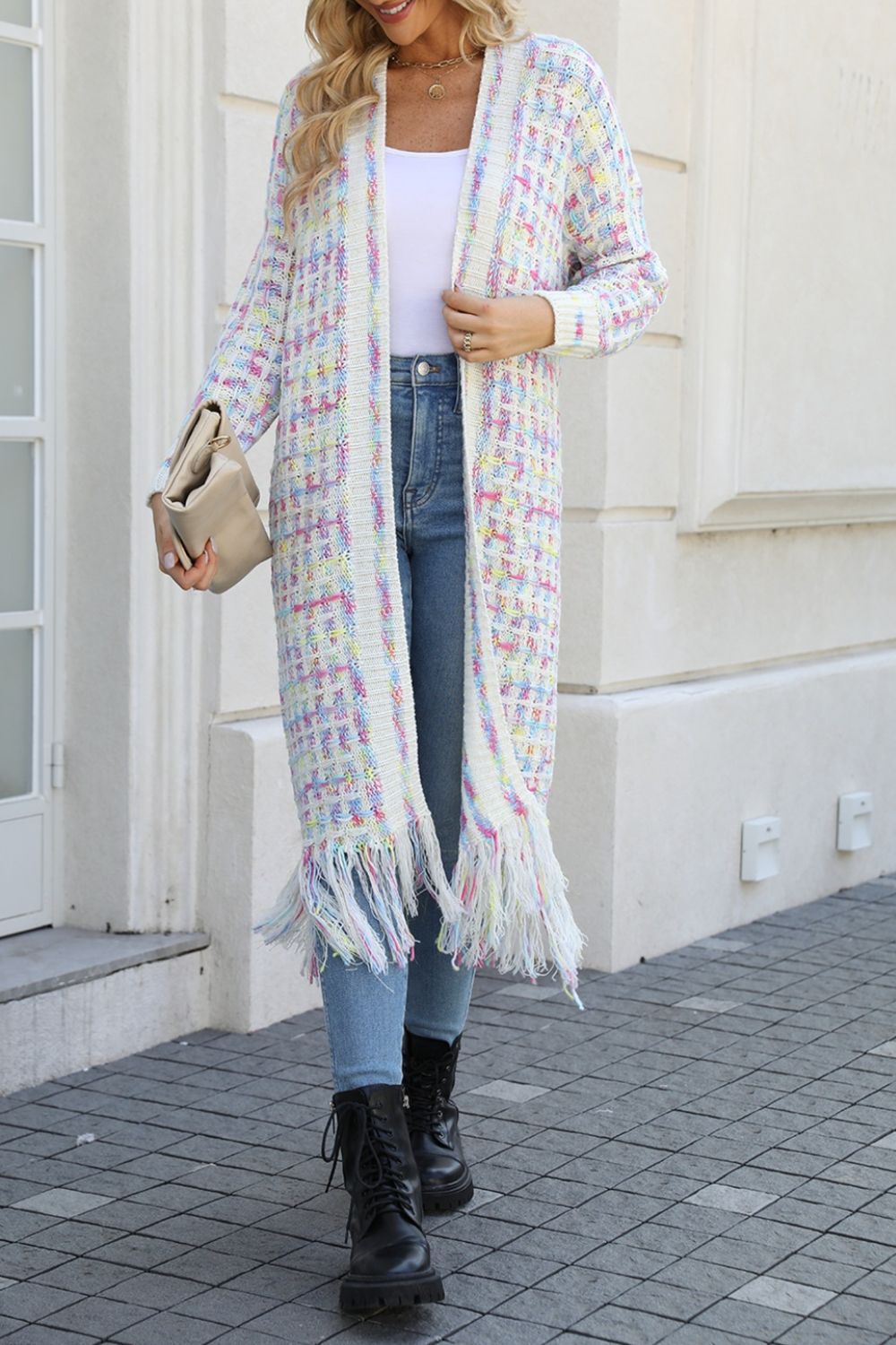 Chromatic crochet maxi cardigan with fringe in multi-color tweed pattern and acrylic material.