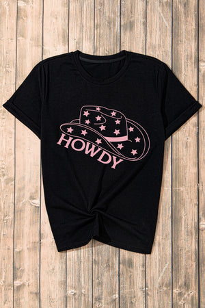 Black cotton t-shirt with rolled sleeves and a pink Howdy cowboy hat graphic.