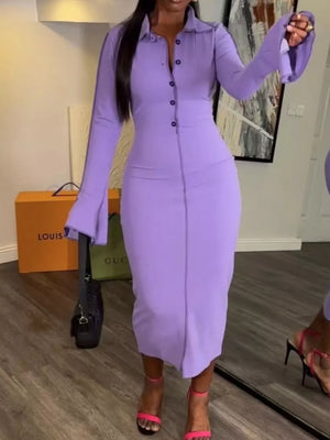 Button Front Long Sleeve Midi Dress in Lavender Purple, model styling view