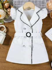 White double-breasted toddler dress with belted waist and ruffled sleeves.