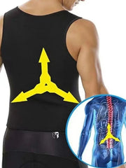 Black thermal sculpting vest with yellow spine support graphic and anatomical inset.
