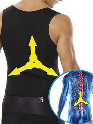 Black thermal sculpting vest with yellow spine support graphic and anatomical inset.