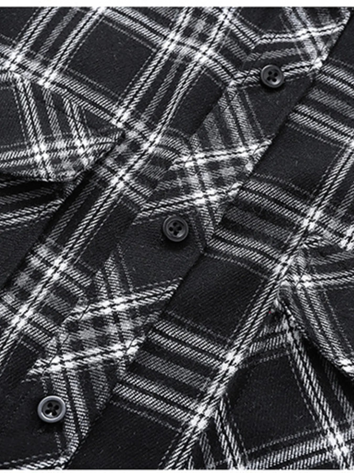 Men's black and white plaid button-up shirt with cotton blend fabric.
