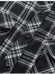 Men's black and white plaid button-up shirt with cotton blend fabric.