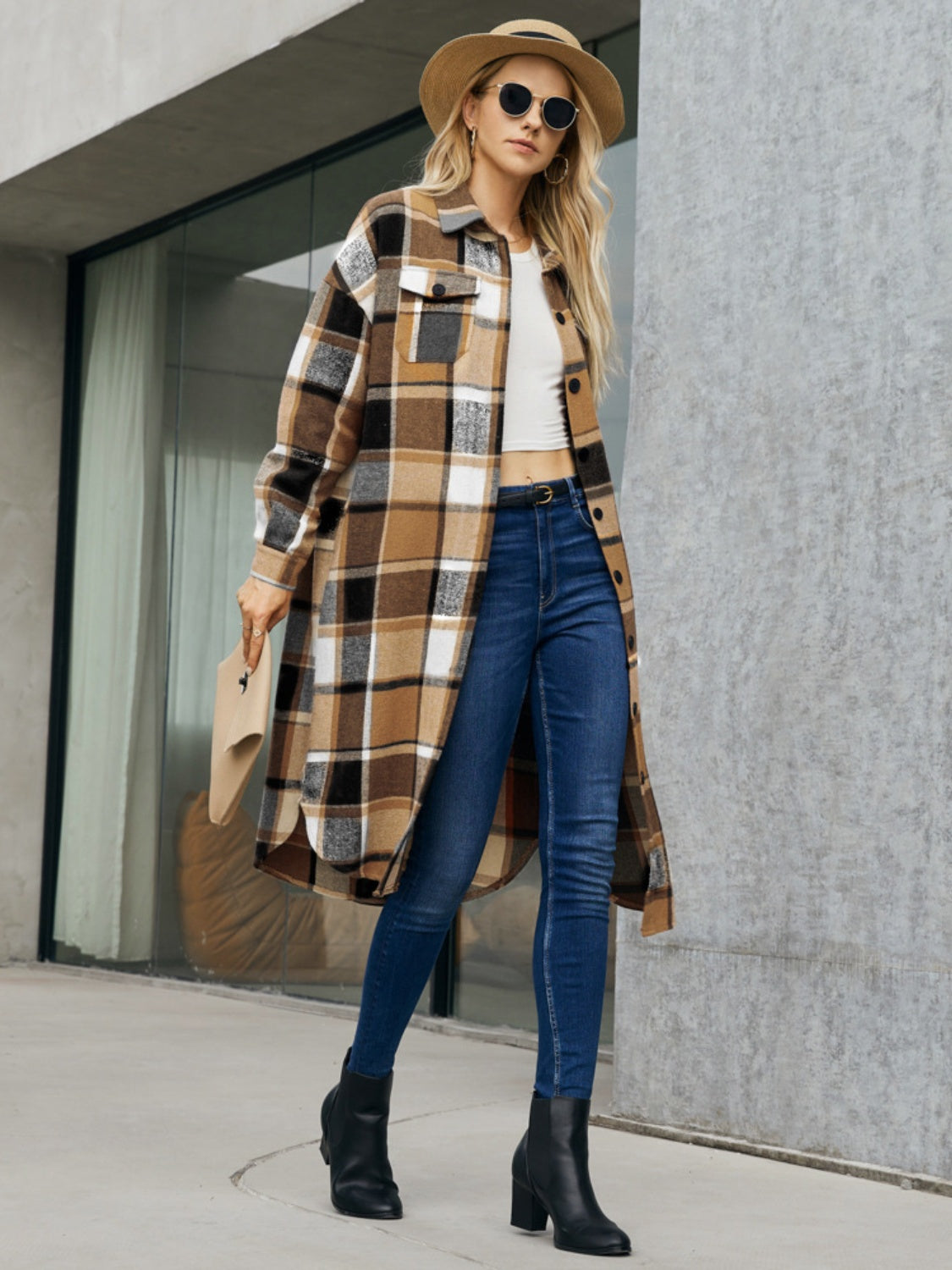 Oversized plaid shirt jacket dress in caramel with button details and a collared neckline.