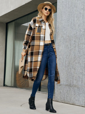 Oversized plaid shirt jacket dress in caramel with button details and a collared neckline.
