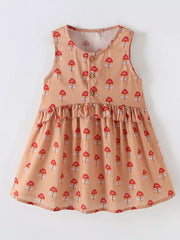 Toddler girls' peach cotton dress with red floral print, ruffles, and buttons.