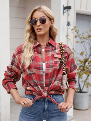 Overshirt in red plaid with patch pockets and button front, tied at the waist.
