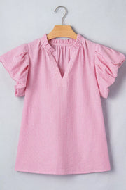 Pink and white striped textured short sleeve blouse with V-neck and flutter sleeves.