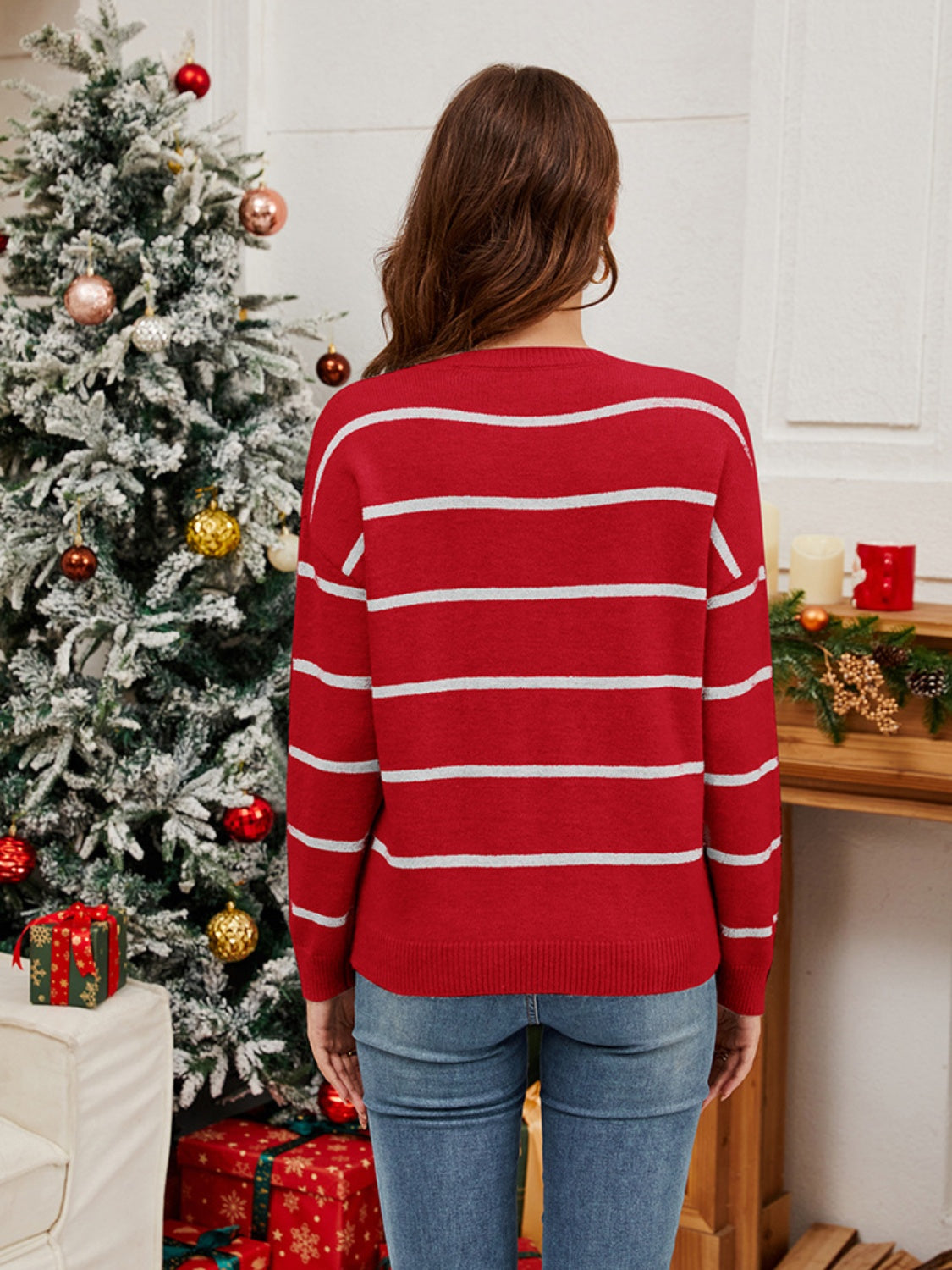 Scarlet red striped knit jumper with crew neck and long sleeves.