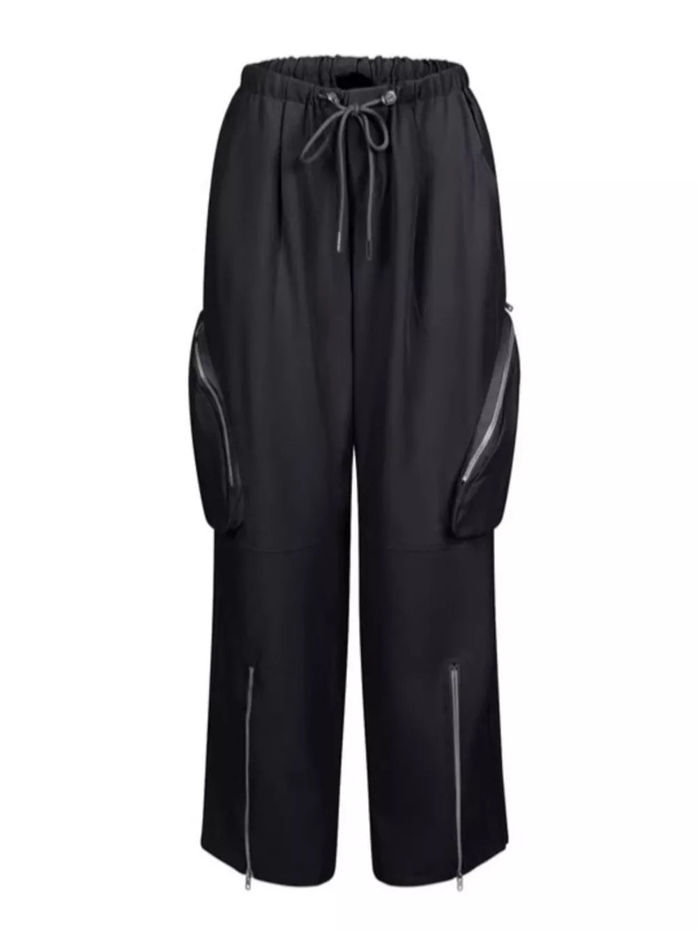 Drawstring Cargo Pants With Zipper Accents in Black, alternate angle