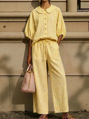 Full Size Plaid Button Up Shirt And Pants Set Plus Size, back view