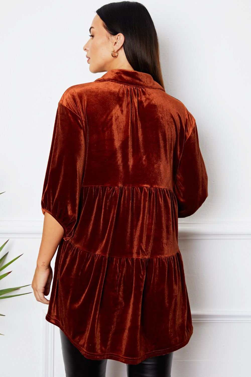 Tiered velvet button-down tunic in Chestnut with 3/4 sleeves and a collared neckline.