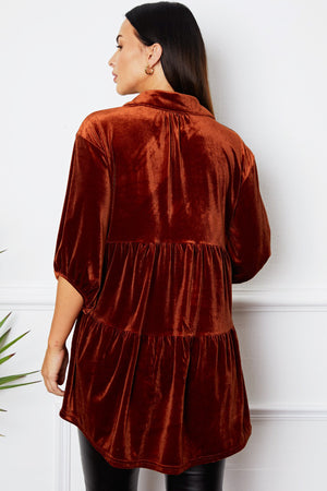 Tiered velvet button-down tunic in Chestnut with 3/4 sleeves and a collared neckline.