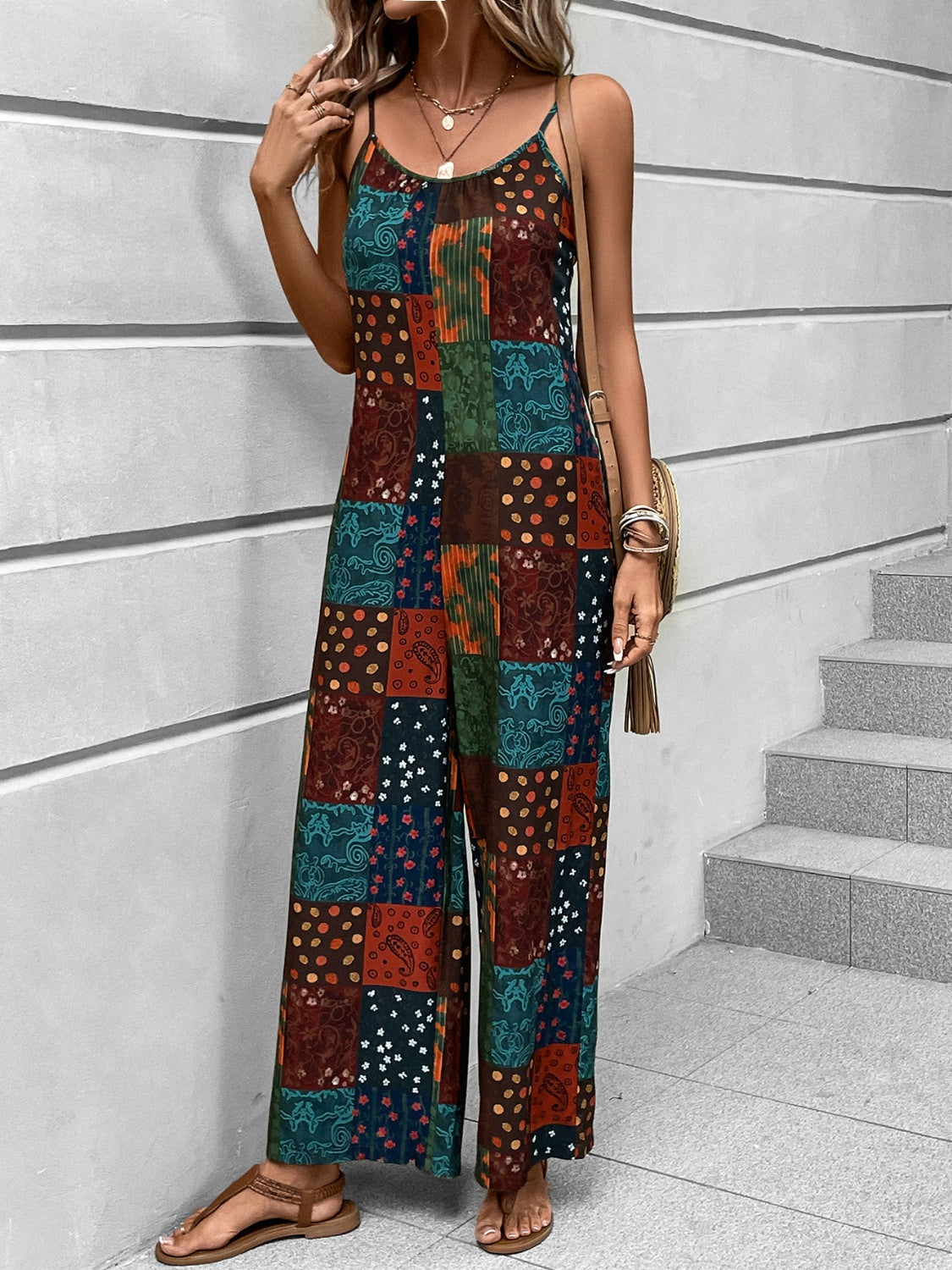 Patchwork print cami jumpsuit with wide legs in multicolor.