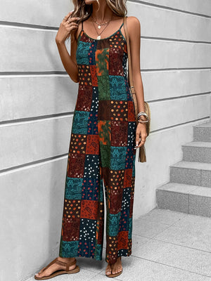 Patchwork print cami jumpsuit with wide legs in multicolor.