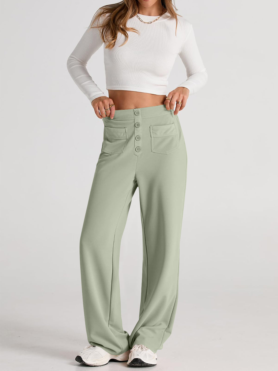 Button-front palazzo trousers in Gum Leaf green with patch pockets and a wide leg