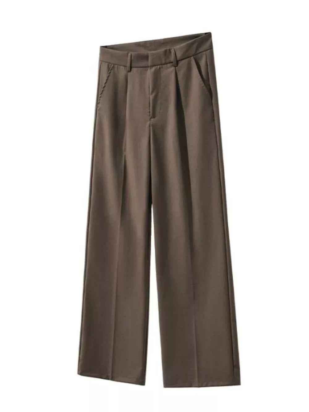 Brown pleated wide-leg trousers with front pockets and a classic fit.