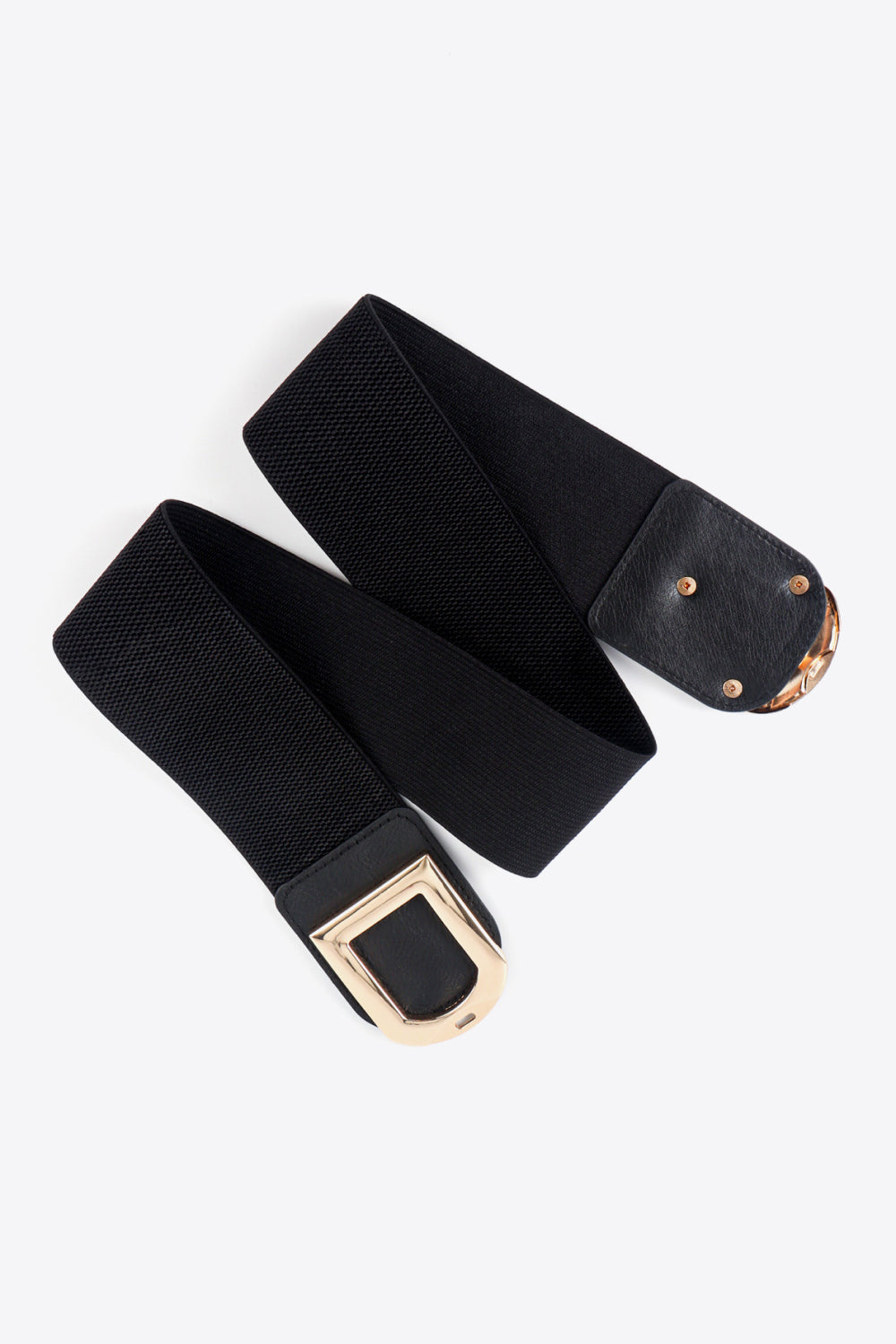 Black elastic belt with double gold buckles and faux leather accents.