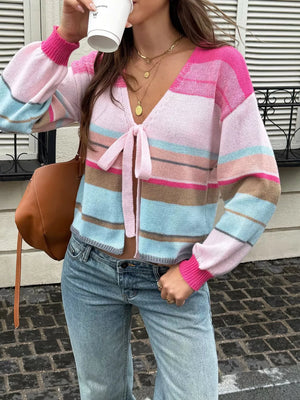 Striped Tie-front Cardigan in Multicolor, front view