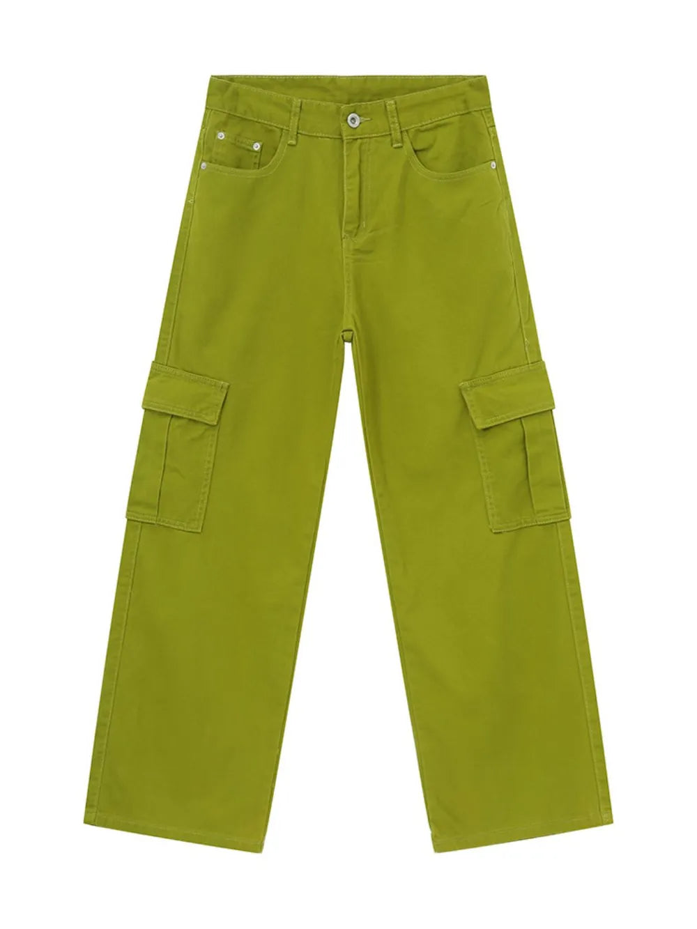 Oversized cargo denim trousers in Matcha Green with utility pockets and a relaxed fit.