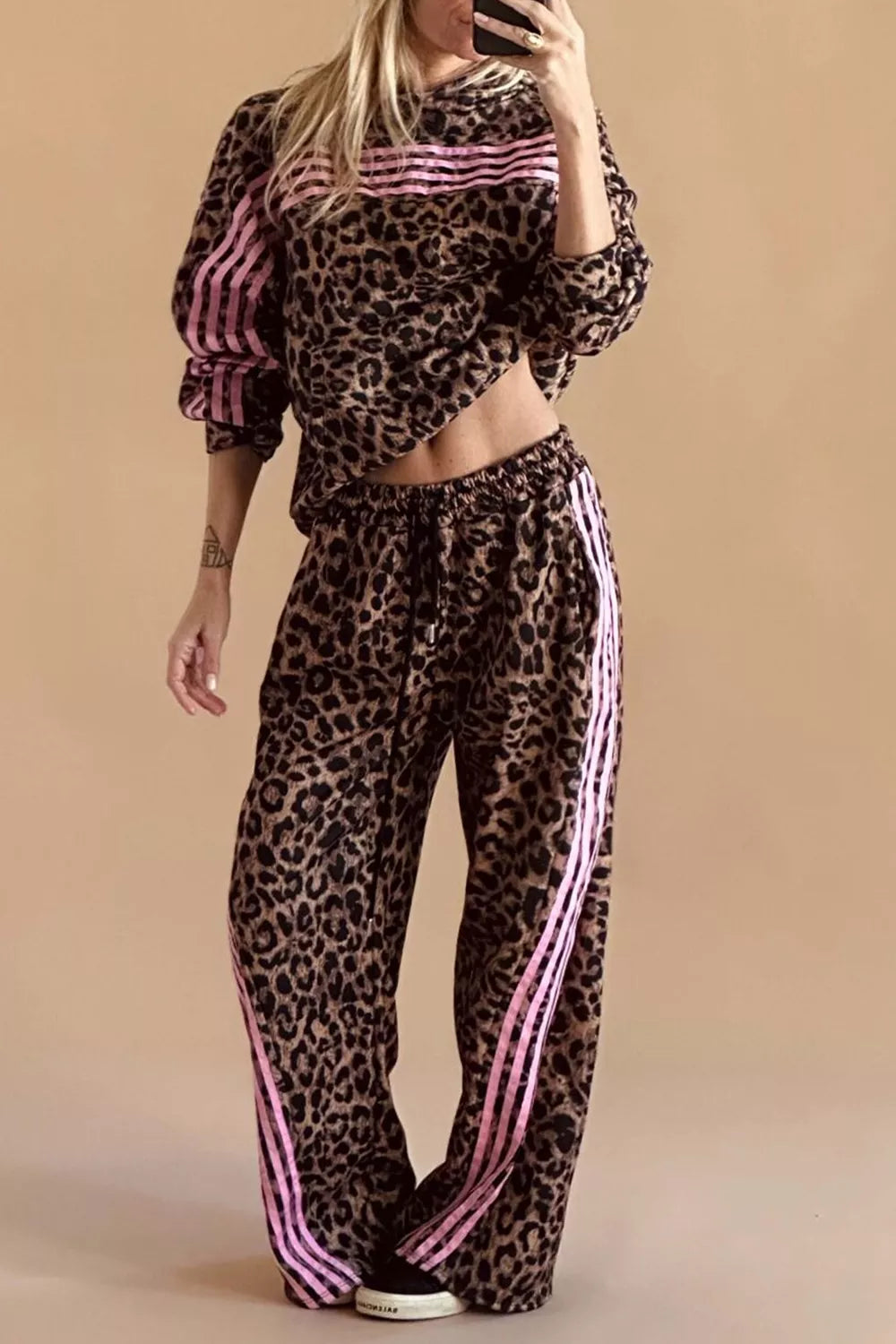 Leopard Print Striped Long Sleeve Top Pant Set in Coffee Brown, front view