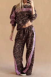 Leopard Print Striped Long Sleeve Top Pant Set in Coffee Brown, front view