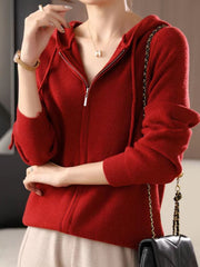 Ribbed knit zip-through hoodie in Scarlet with a drawstring hood and full zip closure.