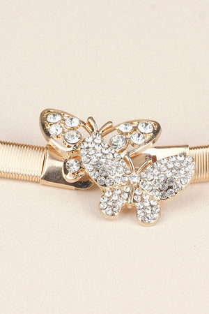 Gold belt with a double crystal butterfly clasp closure.