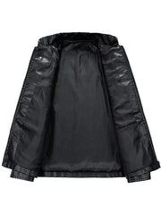 Black oversized leather racing jacket, open view showing smooth lining and interior pocket.