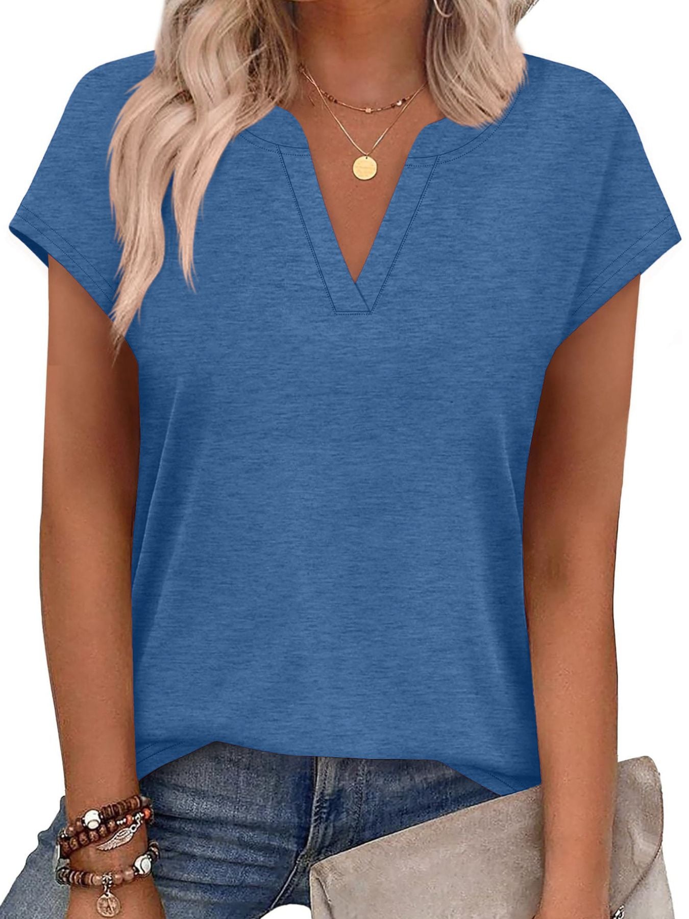 Blue heathered short-sleeve t-shirt with notched V-neck and casual fit.