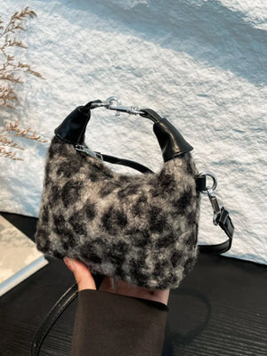 Shearling check mini shoulder bag in gray with black leather trim and silver hardware.