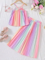 Pastel rainbow pleated cami and pants set with spaghetti straps and elastic waist.