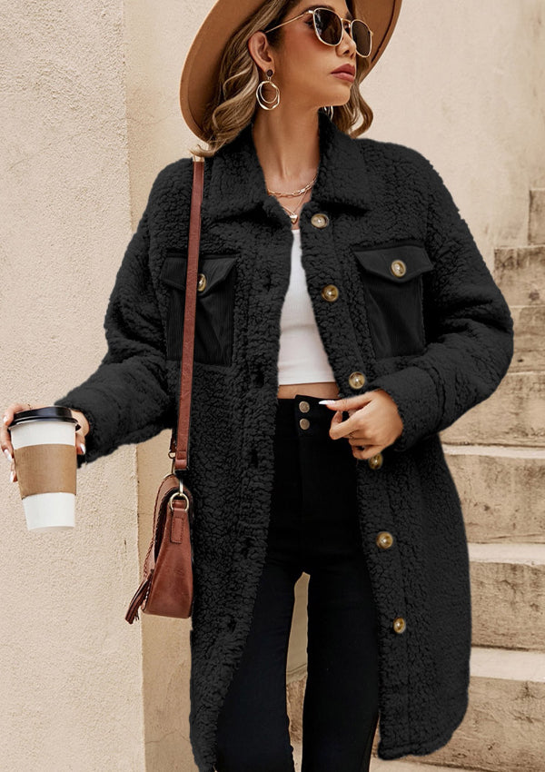 Black sherpa coat with corduroy patch pockets and button front.