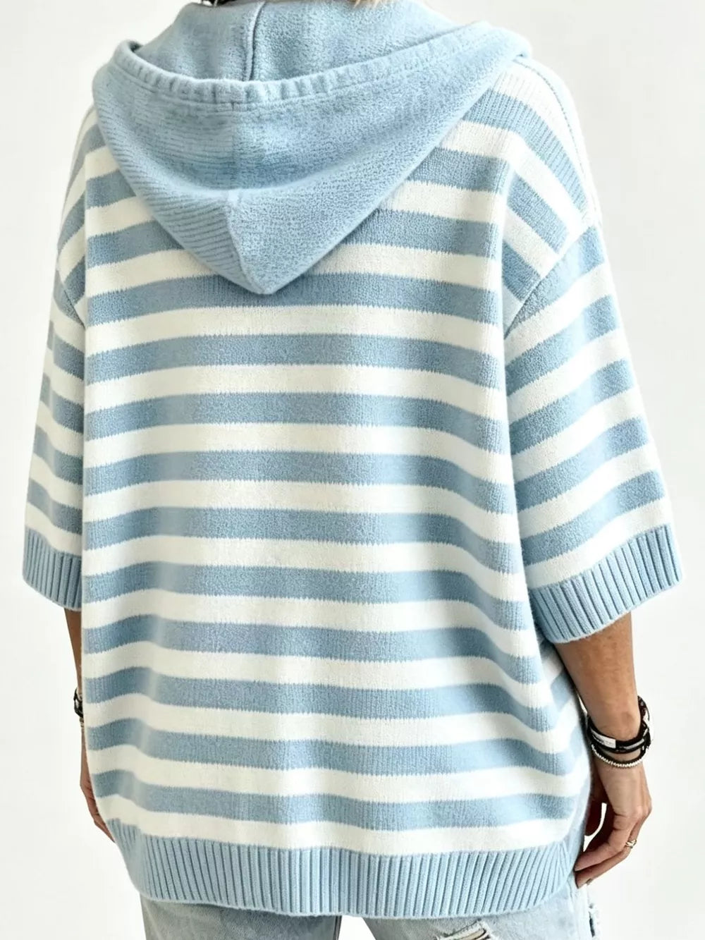 Striped Hooded Sweater With Button Detail in Blue, close-up detail