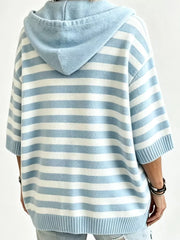 Striped Hooded Sweater With Button Detail in Blue, close-up detail