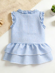 Baby dress in pastel blue gingham with ruffled neckline and tiered skirt.