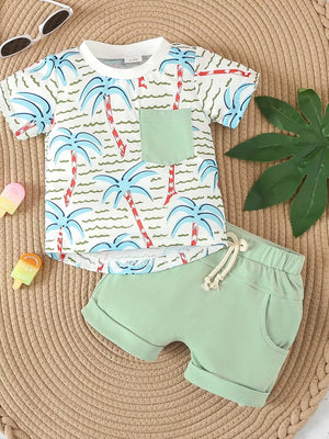 Children's Palm Tree Print T-shirt And Shorts Set in Caramel, fabric detail