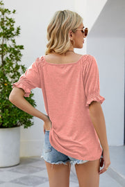 Burnt Coral gathered square neck puff sleeve top with ruffled cuffs