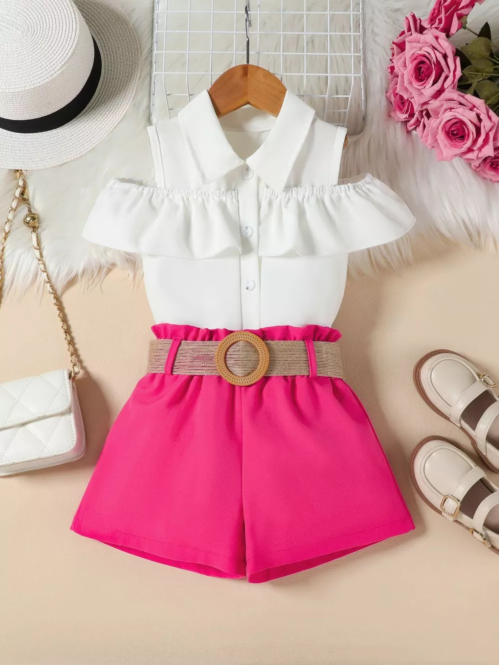 Toddler cold-shoulder ruffled top with belted shorts set in rose red