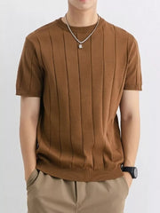 Men's brown ribbed crew neck tee with vertical stripes, short sleeves.